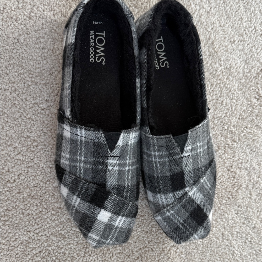 TOMS Black and White Plaid Slip-Ons